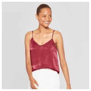 Prologue V-Neck Spaghetti Strap Woven Silk Like Camisole Top Red Size S